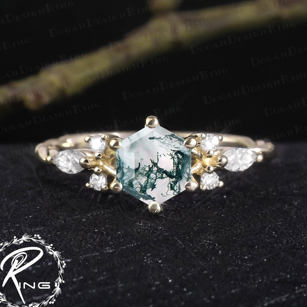 Vintage hexagon cut moss agate engagement ring Unique 14K solid gold promise ring Art deco cluster ring Uniuqe anniversary gifts for women