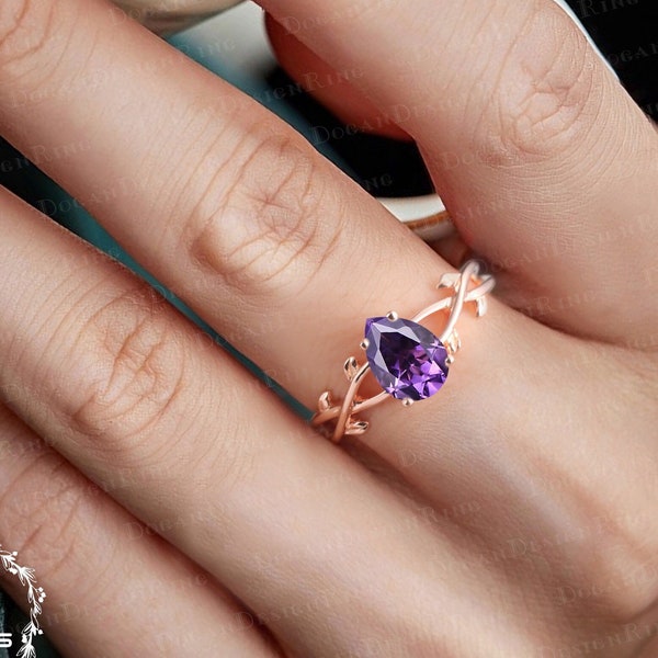 Pear shaped Amethyst Engagement Ring 14k Solid Rose Gold Promise Ring Uniuqe Twist Leaf Ring Nature Inspired Ring Personalized Jewelry