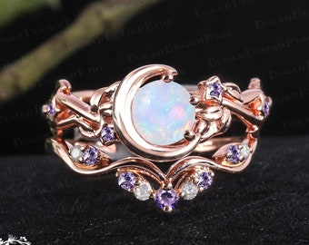 Vintage opal engagement ring sets Nature inspired moon leaf promise ring Art deco solid 14K rose gold bridal sets Unique anniversary gifts