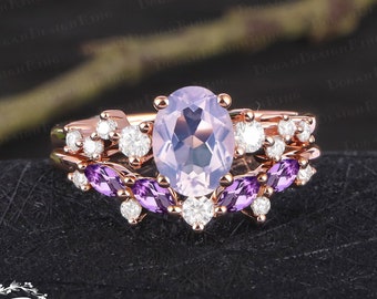 Unique oval cut lavender amethyst engagement ring sets Art deco purple gemstone promise ring Solid rose gold bridal sets Anniversary gifts