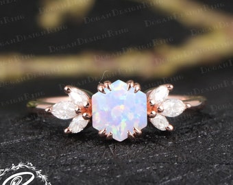 Vintage hexagon cut white opal engagement ring Unique Solid 14k 18k Rose gold diamond cluster ring Art deco ring Anniversary gifts for women