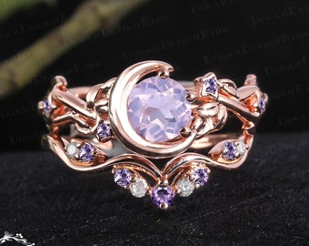 Unique lavender amethyst engagement ring sets Art deco rose gold promise ring Nature inspired moon leaf bridal sets Handmade jewelry gifts