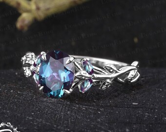 Unique oval cut alexandrite engagement ring Art deco 14k white gold promise ring Nature inspired leaf ring Handmade jewelry gifts for women