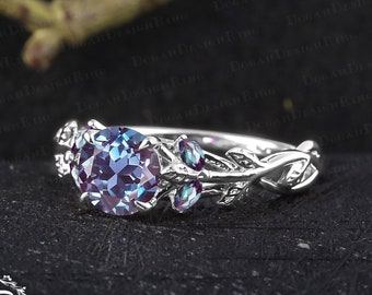 Unique alexandrite engagement ring Art deco 14k white gold promise ring Nature inspired gemstone leaf ring Handmade jewelry gifts for women