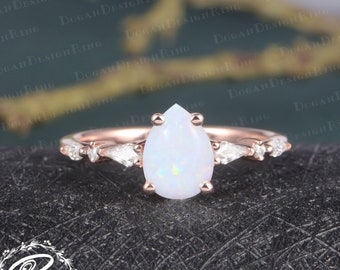 Uniuqe Pear shaped Opal engagement ring Unique 14K solid Rose gold Promise Ring Vintage Cluster ring Anniversary gift Personalized jewelry