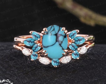 Ensembles uniques de bagues de fiançailles turquoise de coupe ovale Vintage solide 14K bague de promesse en or rose Art déco ensembles de mariée Femmes cadeaux de bijoux faits à la main