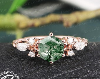 Vintage hexagon cut moss agate engagement ring Unique 14K rose gold promise ring Art deco cluster ring Uniuqe anniversary gifts for women