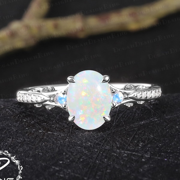 Unique oval cut white opal engagement ring Vintage 14K 18K white gold promise ring Art deco gemstone ring Handmade jewelry gift for women