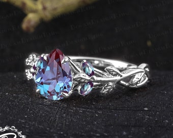 Unique pear shaped alexandrite engagement ring Art deco 14k white gold promise ring Nature inspired leaf ring Handmade jewelry gifts for her