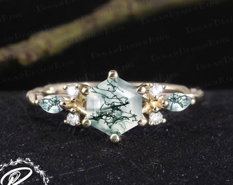 Vintage hexagon cut moss agate engagement ring Unique 14K solid gold promise ring Art deco green agate ring for her Uniuqe anniversary gifts