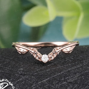 Vintage moissanite leaf wedding ring 14K rose gold curved wedding band Nature Diamond matching band Unique rings for women Anniversary gifts