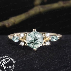 Vintage hexagon cut moss agate engagement ring Unique 14K solid gold promise ring Art deco green agate ring for her Uniuqe anniversary gifts