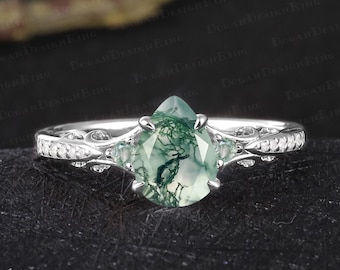 Anillo de compromiso único de ágata de musgo en forma de pera Anillo de promesa de oro blanco vintage de 14K Anillo de piedra preciosa verde Art Déco Mujeres regalos de joyería hechos a mano