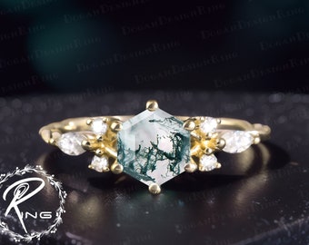 Vintage hexagon cut moss agate engagement ring Unique 14K solid gold promise ring Art deco cluster ring Uniuqe anniversary gifts for women
