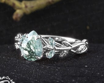 Unique pear shaped moss agate engagement ring Art deco 14k white gold promise ring Nature inspired leaf ring Handmade jewelry gifts for her