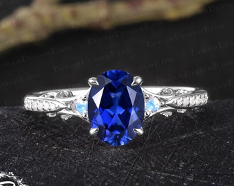 Unique oval cut blue sapphire engagement ring Vintage 14K white gold promise ring Art deco blue gemstone ring Handmade jewelry gift for her