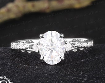 Unique oval cut moissanite engagement ring Vintage 14K white gold promise ring Art deco gold diamond ring Handmade jewelry gift for women