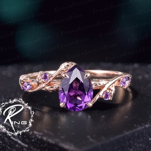 Unique Pear Shaped Amethyst Engagement Ring Rose Gold Engagement Ring Leaf Design Ring Nature Inspired Bridal ring Twist Anniversary Ring