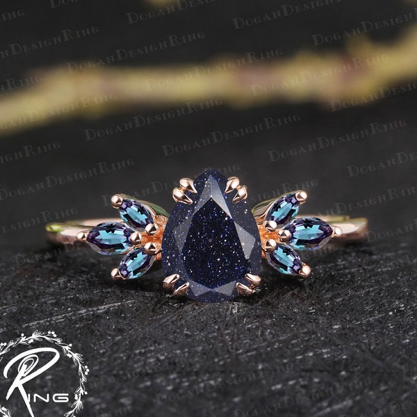 Vintage pear shaped blue sandstone engagement ring Unique solid 14K rose gold promise ring Art deco cluster ring Anniversary gifts for women