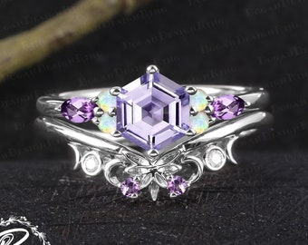 Unique hexagon cut lavender amethyst engagement ring sets Vintage 14K white gold promise ring Art deco gemstone bridal sets Jewelry gifts