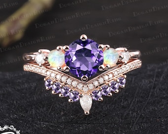 Unique amethyst engagement ring sets Art deco promise ring Solid 14k rose gold purple gemstone bridal sets Handmade jewelry gifts for women