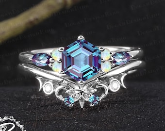 Unique hexagon cut alexandrite engagement ring sets Vintage 14K white gold promise ring Art deco gemstone bridal sets Jewelry gifts for her