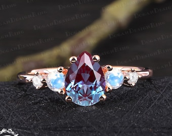 Unique pear shaped alexandrite engagement ring Art deco gemstone promise ring solid 14k rose gold moonstone ring Anniversary gifts for women
