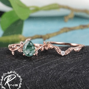 Pear shaped Moss Agate Engagement Ring set Leaf and vine Promise Ring Solid 14K Rose Gold Ring Nature Inspired ring Anniversary Gifts Women