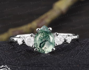Unique pear shaped moss agate engagement ring Art deco green gemstone promise ring Solid 14k 18k white gold ring Anniversary gifts for women