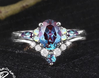 Unique oval cut alexandrite engagement ring sets Vintage 14K white gold promise ring Art deco gemstone bridal sets Jewelry gifts for women