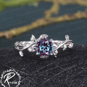 6.0 MM Alexandrite Engagement Ring Leaf and vine Engagement Ring White Gold Ring Nature Inspired Alternative Gemstone Promise ring for her image 8
