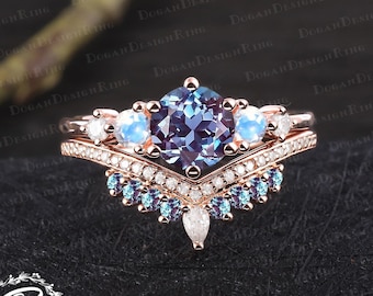 Unique alexandrite engagement ring sets Art deco promise ring Solid 14k rose gold blue gemstone bridal sets Handmade jewelry gifts for women