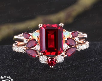 Vintage emerald cut ruby engagement ring sets Unique art deco promise ring solid 14k rose gold red gemstone bridal set Her anniversary gifts