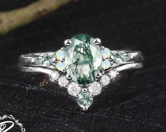 Unique oval cut moss agate engagement ring sets Vintage 14K white gold promise ring Art deco gemstone bridal sets Handmade jewelry gifts