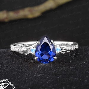 Unique pear shaped blue sapphire engagement ring Vintage 14K white gold promise ring Art deco blue gemstone ring Women handmade jewelry gift