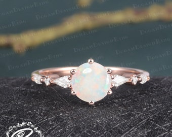 Uniuqe Opal engagement ring Unique 14K solid Rose gold Promise Ring for her Vintage Cluster ring Anniversary gift Women Personalized jewelry