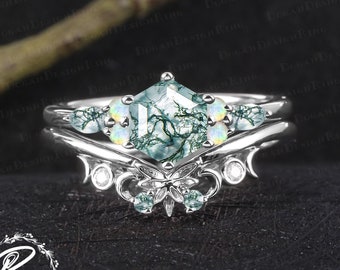 Unique hexagon cut moss agate engagement ring sets Vintage 14K white gold promise ring Art deco gemstone bridal sets Handmade jewelry gifts