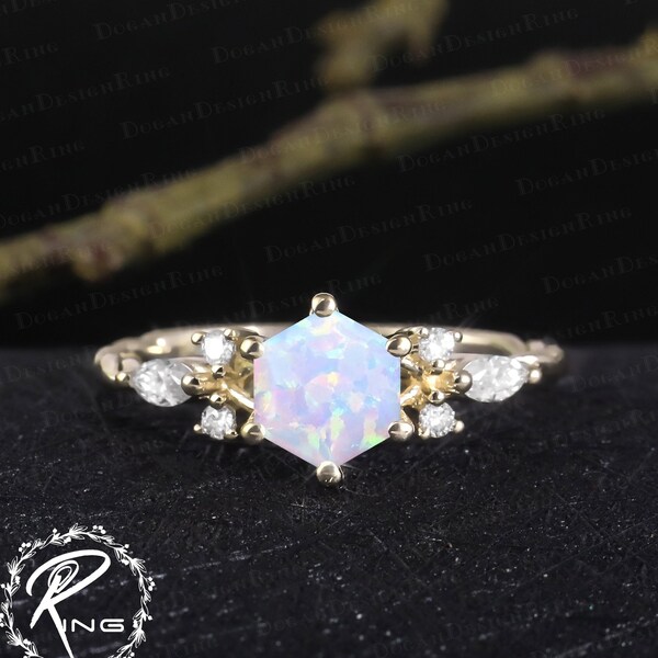 Vintage hexagon cut white opal engagement ring Solid 14K gold promise ring Art deco cluster diamond ring Uniuqe anniversary gifts for women