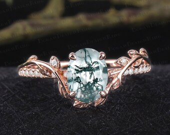 Vintage oval cut moss agate engagement ring Rose gold promise ring Nature inspired art deco leaf ring Gemstone Unique Anniversary gifts