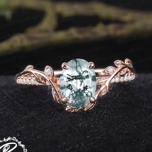 Vintage oval cut moss agate engagement ring Rose gold promise ring Nature inspired art deco leaf ring Gemstone Unique Anniversary gifts image 1
