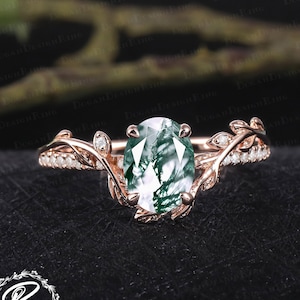 Vintage oval cut moss agate engagement ring Rose gold promise ring Nature inspired art deco leaf ring Gemstone Unique Anniversary gifts image 5