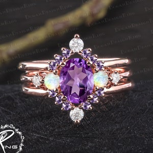 Unique oval cut amethyst engagement ring set Art deco purple gemstone promise ring Solid 14k rose gold bridal sets Handmade jewelry gifts 3PCS bridal set