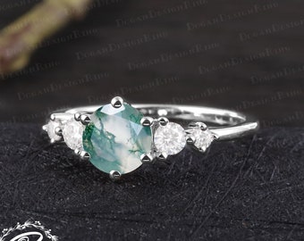 Unique moss agate engagement ring Vintage art deco promise ring Solid 14k white gold green gemstone ring Handmade jewelry gifts for women