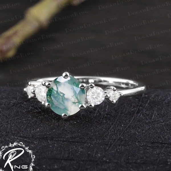 Unique moss agate engagement ring Vintage art deco promise ring Solid 14k white gold green gemstone ring Handmade jewelry gifts for women