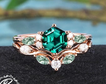 Vintage hexagon cut emerald engagement ring sets Art deco promise ring for women Solid 14K rose gold bridal sets Uniuqe anniversary gifts