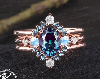 3PCS Unique oval cut alexandrite engagement ring sets Art deco promise ring Solid 14k rose gold bridal sets Handmade jewelry gifts for women