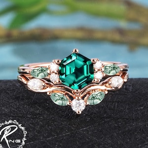 Vintage hexagon cut emerald engagement ring sets Art deco promise ring for women Solid 14K rose gold bridal sets Uniuqe anniversary gifts