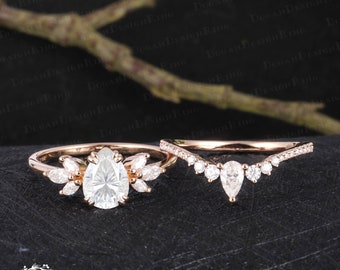 Pear shaped moissanite engagement ring sets Rose Gold Promise Ring Art deco cluster diamond ring Unique bridal set Anniversary gifts for her