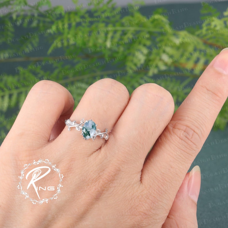 Oval cut Moss Agate Engagement Ring Leaf and vine Engagement Ring White Gold Ring Nature Inspired Alternative Gemstone Promise ring for her zdjęcie 4