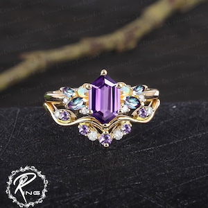 Vintage long hexagon cut amethyst engagement ring sets Art deco promise ring solid 14k 18k rose gold bridal sets Anniversary gifts for women image 5